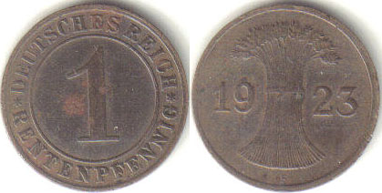 1923 F Germany 1 Rentenpfennig A000108 1923 F Germany 1 Rentenpfennig A000108